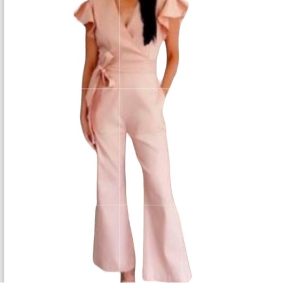 Rachel Parcell Pale Pink Ruffled Sleeve Tie Waist Pantsuit Sz S Belted - Picture 2 of 10